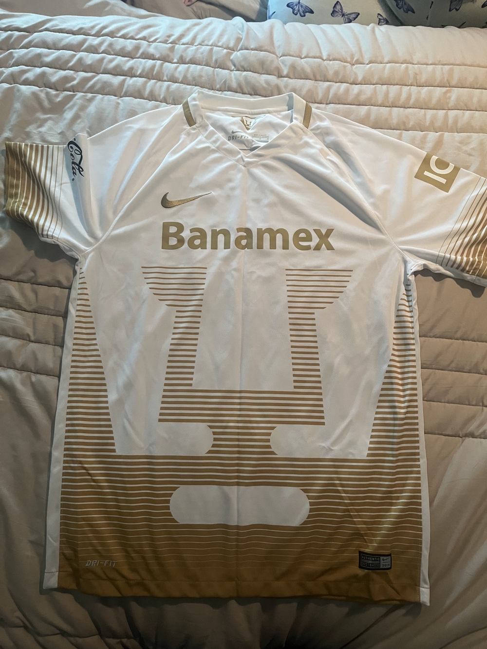 2015 Nike Pumas White and Gold Banamex Soccer Jersey Mens Medium
